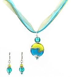 Necklace - N130 - Lampwork and Murano Style Glass Beads + Matching Earrings hung on 5 Strand Organza and Cotton Cord + 2" Extension Chain ~ Teal and Lime Green