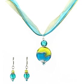 Necklace - N130 - Lampwork and Murano Style Glass Beads + Matching Earrings hung on 5 Strand Organza and Cotton Cord + 2" Extension Chain ~ Teal and Lime Green