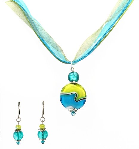 Childrens Toyshop  Jewelry : Necklace - N130 - Lampwork and Murano Style Glass Beads + Matching Earrings hung on 5 Strand Organza and Cotton Cord + 2" Extension Chain ~ Teal and Lime Green