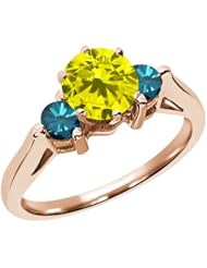 0.68 Ct Round Canary and Blue Diamond 18K Rose Gold 3-Stone Ring
