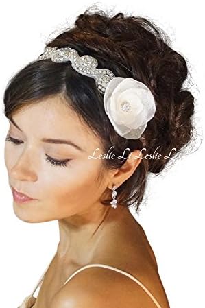 Adelaide: Crystal Beaded Bridal Headband &amp; 1 IVORY Flower Fascinators 111a-F19a(1) Leslie Li