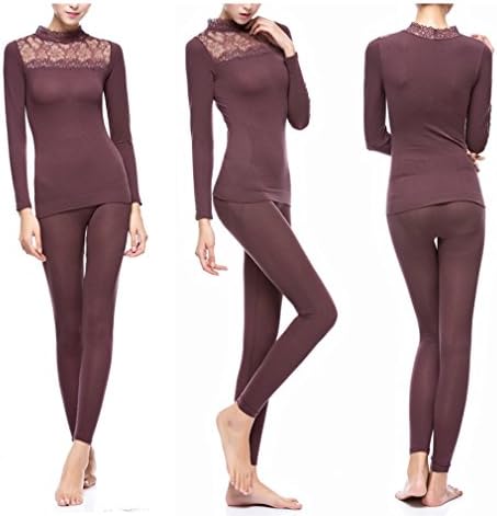 Cnhw Women's Thin High Collar Lace Seamless Top & Bottom Modal Thermal Underwear Sets Brown L