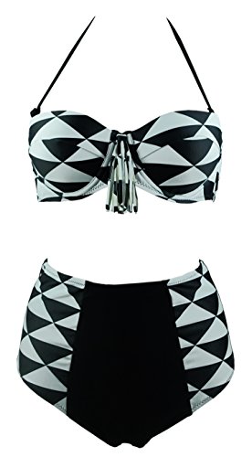 Cocoship Retro Black White Geometric Patterns High Waist Bikini Tassel Swimsuit(FBA)