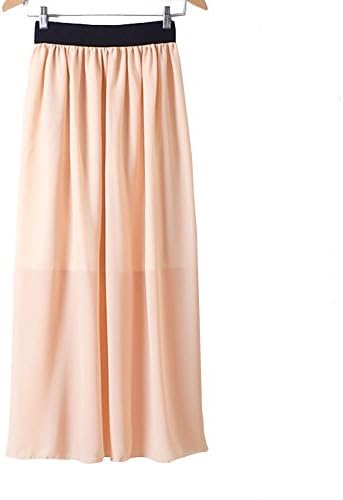 HQS Women's Summer Long Skirts Elastic Waist Double Layer Chiffon Maxi Skirt (Nude Color)