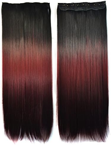 Stepupgirl 24" Black to Burgundy to Dull Red 3 Ombre Color Straight Full Head Clip in Hair Extensions with Exclusive Photo Frame