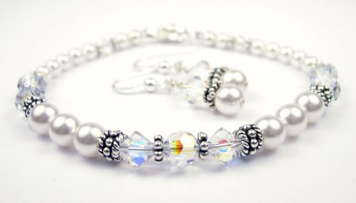 April Crystal Diamond Birthstone Bracelets and Earring SETS: White Pearl Swarovski Crystal Beaded Bracelets in .925 Sterling Silver