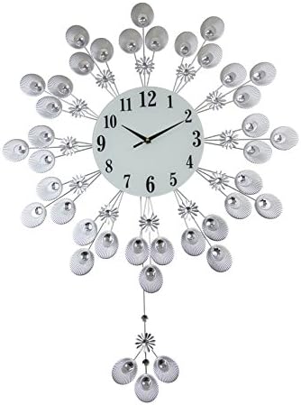 Large Silver Peacock Inspired Crystal and Flower Pendulum Wall Clock