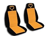 IMAGE OF 2 black and orange seat covers with a orange burning heart for a 2001 Mini Cooper. Please do notify us if you have side airbags.