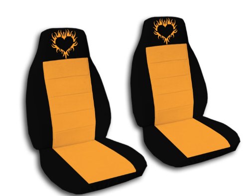 2 black and orange seat covers with a orange burning heart for a 2001 Mini Cooper. Please do notify us if you have side airbags.