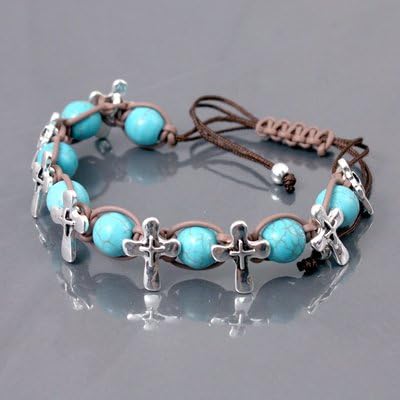 Womens Silver & Turquiose Cross Bracelet -6" - 14" Round