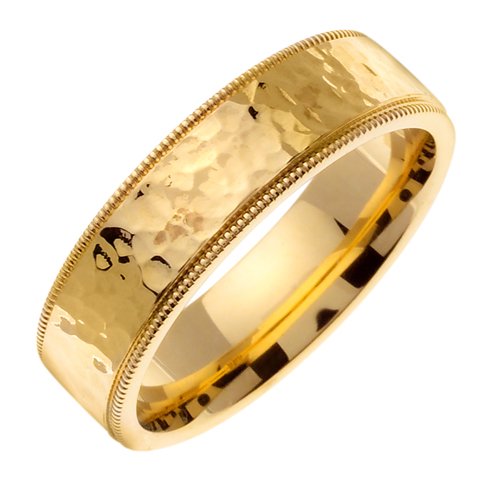 Hammered Flat Surface Unique Women's 7 Mm 18K Yellow Gold Comfort Fit Wedding Band