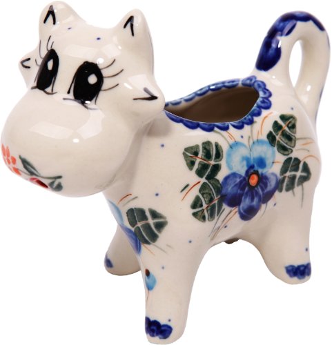 Polish Pottery Ceramika Boleslawiec,  0501/162, Creamer Cow, 1/3 Cup, Royal Blue Patterns with Blue Pansy Flower Motif