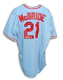 Bake McBride Autographed/Hand Signed St. Louis Cardinals Throwback Blue Majestic Baseball Jersey wit