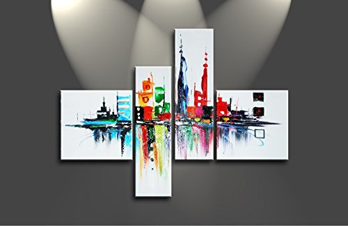 Ode-Rin Art Black Friday 2016 Hand Painted Abstract Oil Paintings Colorful Landmarked Tall Buildings 4 Panels Wood Framed Inside For Living Room Art Work Home Decoration