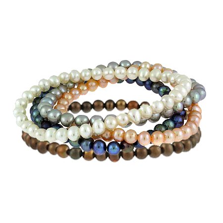 Freshwater Cultured Pearl 5mm White, Pink, Peacock, Grey, Brown 5 Bracelets Set