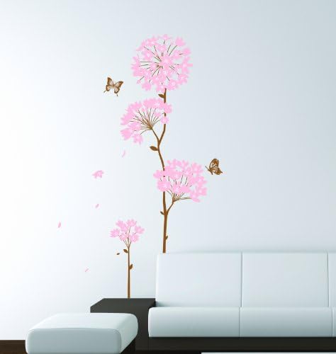 Kappier® Long Stem Large Pink Hydrangea Flower with Butterflies and Flying Petals Peel &amp; Stick Wall Decals