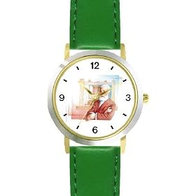 Alexander Graham Bell - WATCHBUDDY� DELUXE TWO-TONE THEME WATCH - Arabic Numbers - Green Leather Strap-Size-Women's Size-Small