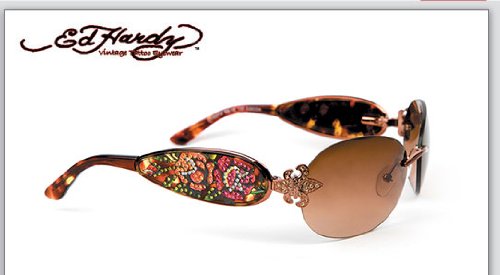 ED HARDY EHS 014 THREE OLD SCHOOL ROSES TORTOISE FRAME BROWN GRADIENT SWAROSKI CRYSTAL SUNGLASSES