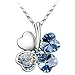 White Gold Plated Swarovski Crystal Heart Shaped Four Leaf Clover Pendant Necklace - Light Blue