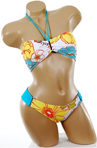 Sexy Bathing Suit Multi Color Floral Blue Swimsuit 2 pc Halter Bandeau Top with Bikini Bottoms