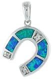 Sterling Silver HorseShoe Pendant, Inlaid w/ Lab Opal with CZ, 9/16 (14 mm) tall