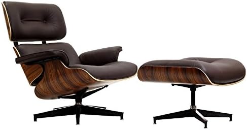 Nicer Furniture TM Eames Lounge Chair and Ottoman 100% Dark brown Italian Genuine Leather True to Original Design Best Seller Everyone Loves with Rosewood/Palisander Finish