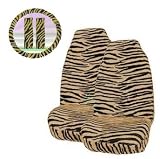 - 	 5 Piece Universal Fit Tan Brown Zebra Tiger Print Front Bucket Seat Cover, Steering Wheel Cover and Shoulder Harness Seat Belt Covers