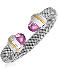 18K Yellow Gold and Sterling Silver Amethyst Popcorn Style Open Bangle