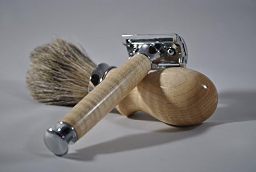 Shaving Set - Curly Hard Maple Wood Badger Hair Brush, Safety Razor & Stand