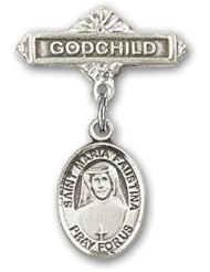 Sterling Silver Baby Badge with St. Maria Faustina Charm and Godchild Badge Pin