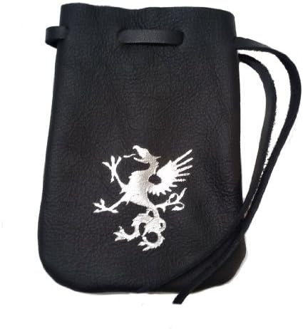 Griffin Dice Bag - 4.5" x 6" Leather Medium Size Holds 50 Dice (Black Leather With Silver)
