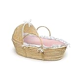 Badger Basket Company Natural Baby Moses Basket with Hood - Pink Gingham Bedding