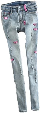 D Zroid Lipstick Patch Embroidered Women Trousers Plus Size Jeans S Blue