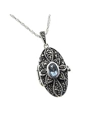 Antiqued Marcasite and Blue Topaz Oval Photo Locket Pendant Sterling Silver with 18" Chain Necklace