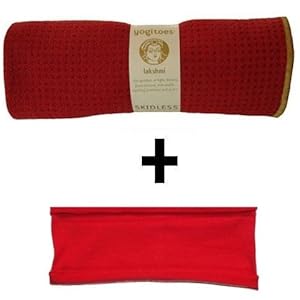 Poppy yogitoes® mat size SKIDLESS® yoga towel + red hBand stretchy headband combo by Absolute Yogi®