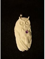 Native American Indian Carved Ox Bone Owl Bird Wings Wolf Coyote Fox Totem With Birth Stone February Purple Amethyst CZ Cubic Zirconia Stone Hand Carved Sacred Yak Bone Jewelry Bali Tribal Art Necklace Pendant 3 by 1 1/2 inches