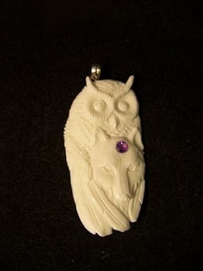 Cheap Girls Jewelry Native American Indian Carved Ox Bone Owl Bird Wings Wolf Coyote Fox Totem With Birth Stone February Purple Amethyst CZ Cubic Zirconia Stone Hand Carved Sacred Yak Bone Jewelry Bali Tribal Art Necklace Pendant 3 by 1 1/2 inches For Sale