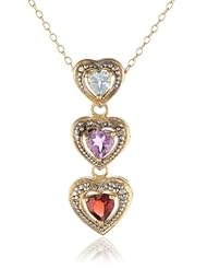 Goldtone Finish Silver Diamond Accent Muti Gemstone Triple Heart Pendant Necklace, 18"