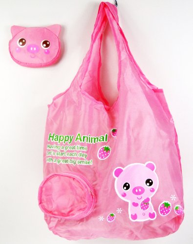 Reusable Shopping Tote Bag - Folded into a Piggy Face - Pink
