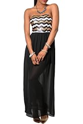 Sexy Strapless Chevron Print Chiffon/Polyester Sequined Maxi Dress 