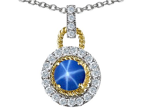 1.30 cts 925 Two Tone Sterling Silver and Lab Created Round Star Sapphire Pendant