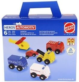 Heros Deluxe Wooden Vehicle Set incl. Fire Truck, Ambulance, Tow Truck, Police Car and Helicopter. Ages 3 & up.