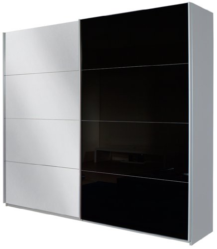 Rauch V8577.A004 Schwebetürenschrank Quadra / 2-türig / 1 Spiegeltüre / B 226 H 210 T 62 cm / Korpus: grau-metallic/Front: Glas schwarz / spiegel