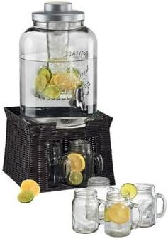Masonware 3-gal Beverage Dispenser with Chiller, Infuser, 6-pc Mason Jar, Faux Wicker Stand