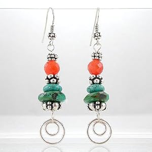 Southwestern Turquoise and Carnelian Faceted Gemstone Bead Dangle Earrings in Sterling Silver with Circles and Raindrop Beads, #8552