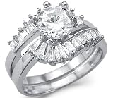 Solid 14k White Gold CZ Cubic Zirconia Engagement Wedding Large Two Ring Set 3.0 ct