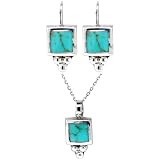 Sterling Silver Turquoise Inlay Square Drop Earrings w  Beads and Matching Pendant Set, 16