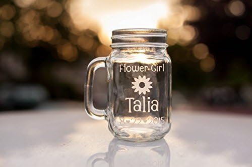 Flower Girl Glass, Personalized Mason Jar with Name, Date and Flower Design, Hand Engraved Mason Jar Mug, Country Wedding
