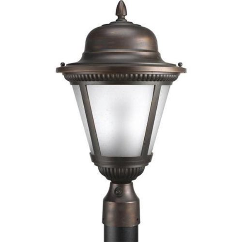 Progress Lighting P5434-20STR 2-Light Compact Fluorescent Post Lantern with Photocell Incorporating Beaded Detailing In Die-Cast Aluminum and Etched Seeded Glass, Antique Bronze