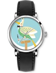SPRAWL Aanalog Fashion Series Silver Ladies Watches of Genuine Black Leather Strap,Unique Wrist Watch for Women Girls Designed with Bird colorful elegant